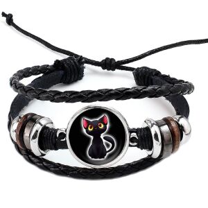 Fonott, dizájnbőr uniszex állítható fekete cicás karkötő, feliratozható