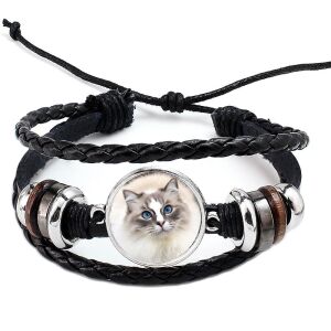 Fonott, dizájnbőr uniszex állítható fehér cicás karkötő, feliratozható
