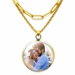 Fényképes üveglencsés medál acél dupla nyaklánccal, arany színben (márkadobozban)