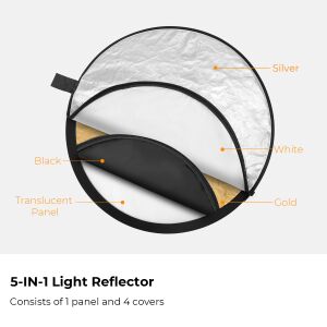 K&F Concept 5in1 derítőlap, reflektor, 110cm (fehér, fekete, arany, ezüst, transparens) + hordtáska 128482706 - Stúdiófény és Reflektor