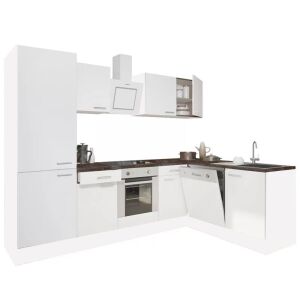 Yorki 280 sarok konyhabútor szett, fehér szekrények beépített sütővel, mosogatógéppel és mosogatóval - Leziter