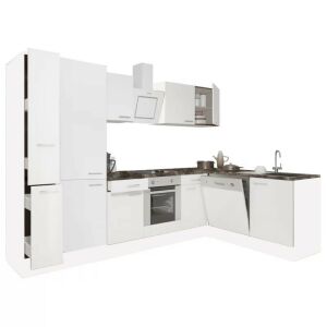 Yorki 310 sarok konyhabútor, fehér szekrények sötét szürke munkalappal, sütővel, mosogatógéppel, mosogatóval és páraelszívóval - Leziter