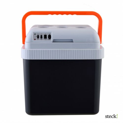 Steck! STHL100 autós és hálózati hűtő/fűtő láda, 24L kapacitás, fekete és szürke színű, narancssárga fogantyú