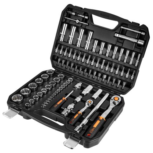 NEO Tools 86 darabos dugókulcs és bit készlet nyitva a tokban, ferde nézet
