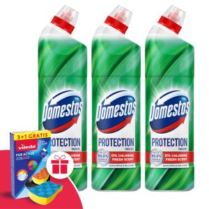 Domestos Protection Chlorine-Free Disinfectant Eucalyptus & Wild Mint 3x700ml with Free Vileda Sponge - Household Disinfectant