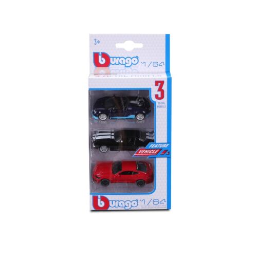 Burago 1/64 méretarányú fém autó 3-as csomag, sötétkék, fekete-fehér, piros sportautó