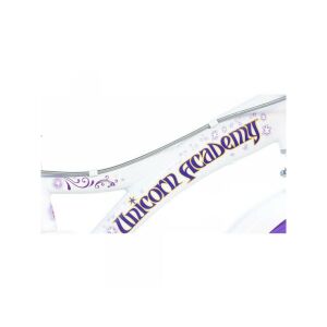 A Unicorn Academy 16 colos lány kerékpár vázának közeli képe lila-fehér színben, unikornis mintával - Dino Bikes