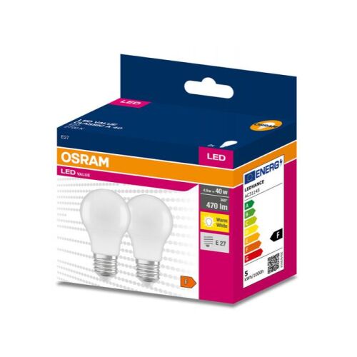 2 db-os Osram LED Value Classic A-formájú E27 4,9W 470lm 2700K meleg fehér LED izzó - Ledvance