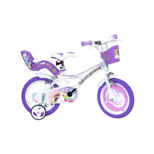 Fehér-lila Dino Bikes Unikornis Akadémia 14 colos lány kerékpár, segédkerekekkel, kosárral és babaüléssel - Dino Bikes