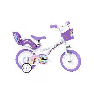 Fehér és lila Dino Bikes Unikornis Akadémia 12 colos lány kerékpár, segédkerekekkel, kosárral és babaüléssel - Dino Bikes