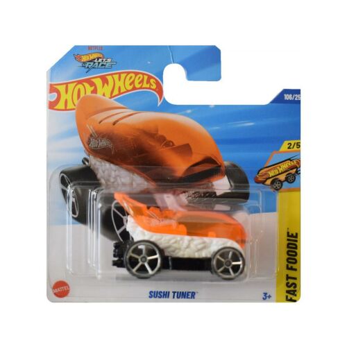 Hot Wheels Sushi Tuner fém kisautó, 1/64 méretarány, Fast Foodie sorozat, narancssárga és fehér, gyűjthető játék autó - Játék