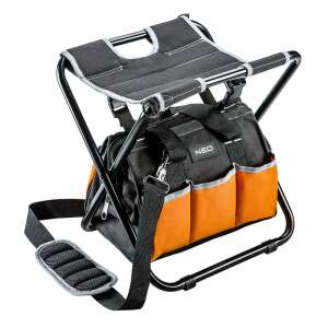 Neo Tools Werkzeugtasche mit Sitzfunktion, schwarz und orange, schräge Ansicht - Neo