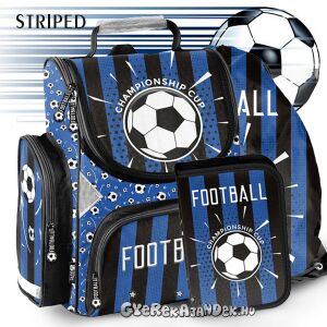Paso focis ergonomikus iskolatáska szett - Striped, kék és fekete csíkos iskolatáska foci mintával, tartalmaz tolltartót és tornazsákot - Paso