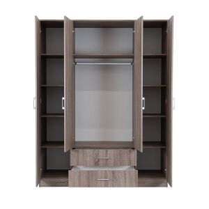 Dulap Miami deschis cu patru uși și două sertare, arătând interiorul cu rafturi și o bară pentru umerașe - Dulapuri