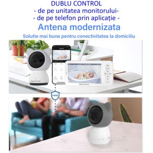 Baba Monitor 2in1  kamera Audio-Video WiFi Multi View, VisionHub®, UltraHD/5” Éjszakai látás, Telefon alkalmazás, Forgatás 355°/90°, 4X nagyítás a bébi megfigyeléshez, 3000mAh, Mozgás, Hang, 136098581