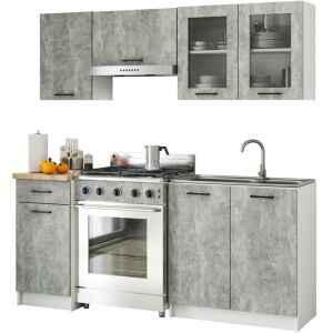 AKORD Oliwia konyhabútor szett, beton szürke szekrényekkel, sonoma tölgy munkalappal és üveges szekrényekkel - Akord