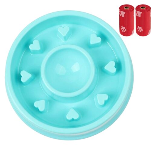 FizioTab® Evéslassító tál kutyáknak és 2 db. Kutyaürülék felszedő zacskó, kutya tál habzsolás-gátló, csúszásgátló, műanyag, kék szín