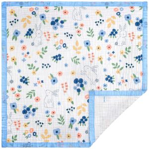 Paturica FizioTab® pentru Bebe, Muselina 6 Straturi, 110 x 110 cm, din Bumbac, Model Floral cu Iepurasi 132919099 - Paturici bebe