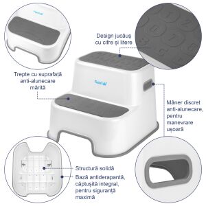 FizioTab Стъпало за WC с две стъпала с противоплъзгаща повърхност, цифри и букви, сиво - Детайли отблизо на характеристиките - Свържете се с