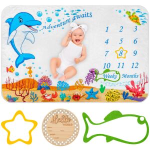 FizioTab® Milestone születésnapi takaró, puha és bolyhos az emlékezetes babafotókért, 100x150 cm, korosztályválasztó keretek és fából készült kártya, delfin 132948503 - Baba mérföldkő takaró