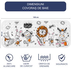 Covor de baie FizioTab® cu design de bandă de animale drăguțe, 100x40 cm, antiderapant, alb - Antialunecare și mâner