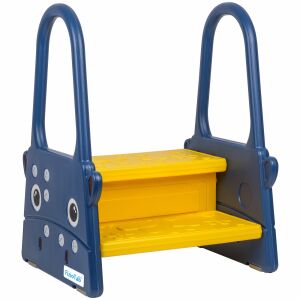 Стълба FizioTab® Hipo с две стъпала, с дръжки, синя и жълта, противоплъзгаща повърхност, за баня и кухня - Свържете се с