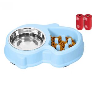 FizioTab® Evéslassító tál kutyáknak, inox víztálal és 2 db. Kutyaürülék felszedő zacskó, kutya tál habzsolás-gátló, csúszásgátló, műanyag, kék 132952343 - Evéslassító kisállat tál