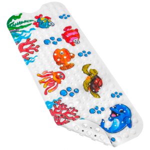 Баня FizioTab с дизайн на океана с риби, делфини, костенурки и октопод. Килимът е проектиран за безопасност и комфорт в душ или вана. - Обзавеждане за баня