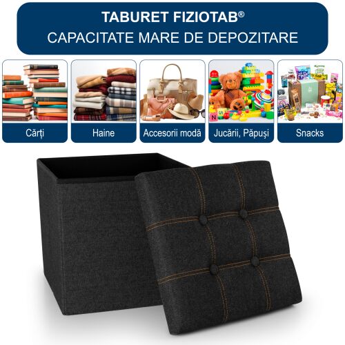 FizioTab® Összehajtható ülőkés lábtartó tárolórekesszel puff, 38cm x 38cm, textil, MDF, fekete