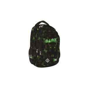 St.Right Green Game ergonomikus iskolatáska, 3 rekeszes, fekete-zöld pixel mintával és GAME logóval - Unipap