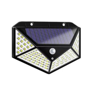 Lampă solară cu senzor de mișcare cu 100 LED-uri. Lampa este neagră și are o formă triunghiulară. - Lanternă solară
