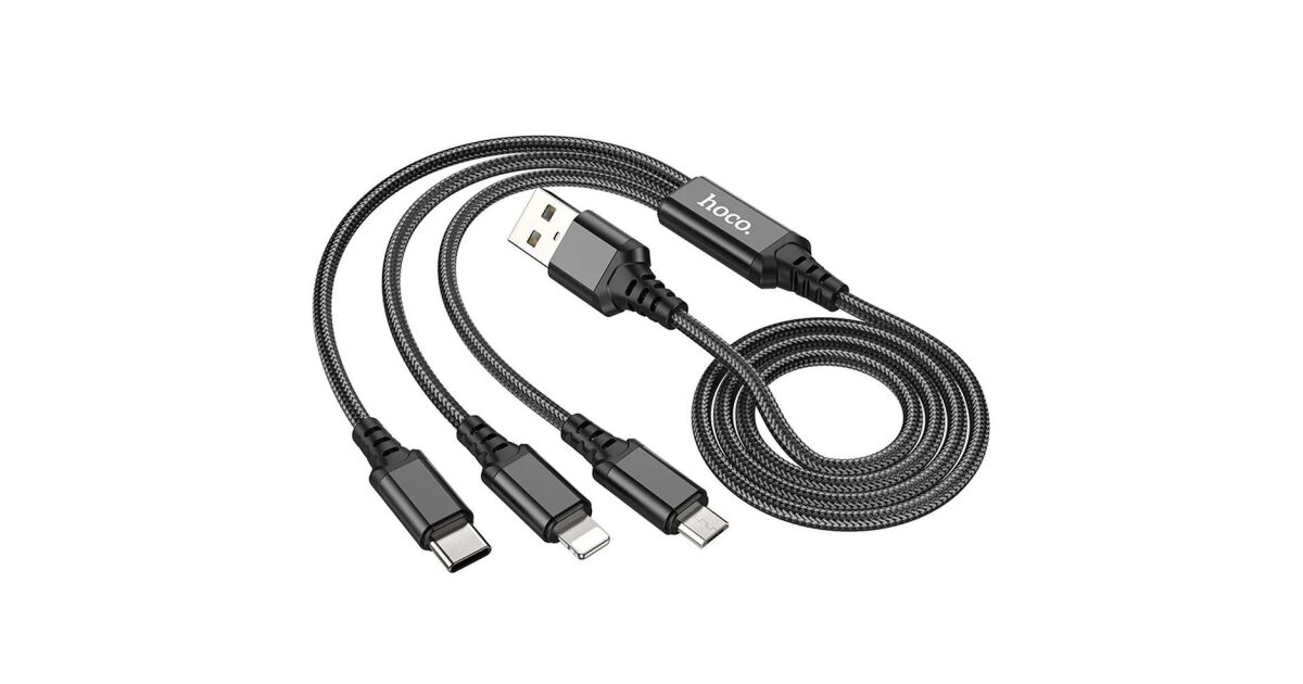 USB töltő- és adatkábel 3in1, USB Type-C, Lightning, microUSB, 100 cm, 2000 mA, gyorstöltés, cipőfűző minta, Hoco X76 Super, fekete 128589120