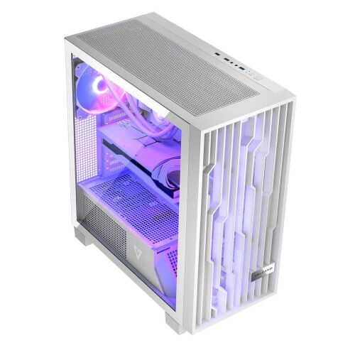 Widok pod kątem obudowy PC Modecom Volcano Perun Apex ARGB Biała z oświetleniem RGB