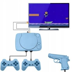 Retro TV játékkonzol beépített játékokkal, 2 joystick és egy pisztoly, RCA csatlakozóval, kék - Retoo