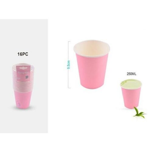 16 darabos rózsaszín eldobható papírpohár, 9cm magas, 250ml űrtartalommal - Eldobható pohár
