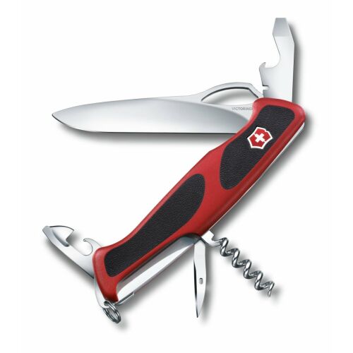 Victorinox Delemont RangerGrip 61 svájci bicska piros és fekete markolattal, több eszközzel, beleértve a pengét, a sörnyitót és a dugóhúzót