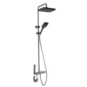 Zegor KEM16-A001MG Duschsystem in Graphit, zeigt den Duschkopf, die Handbrause und das Bedienfeld - Zegor