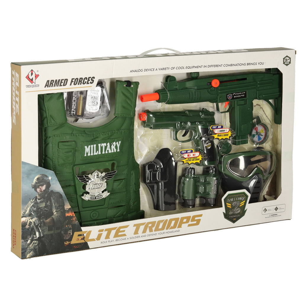 Katonai felszerelés jelmez mellény puska távcső