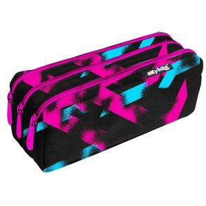 OXYBAG Line Girl 3 rekeszes tolltartó, fekete, rózsaszín és kék mintával - Oxybag
