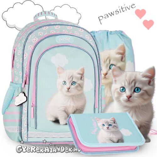 Starpak Pawsitive cicás iskolatáska szett lányoknak, világoskék cicás mintával, tartalmazza az iskolatáskát, a tolltartót és a tornazsákot