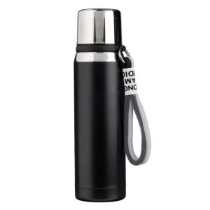 Sticlă de apă izolată din oțel inoxidabil negru, cu capac alb și accente portocalii și o curea de transport gri - Termosuri și suporturi pentru băuturi