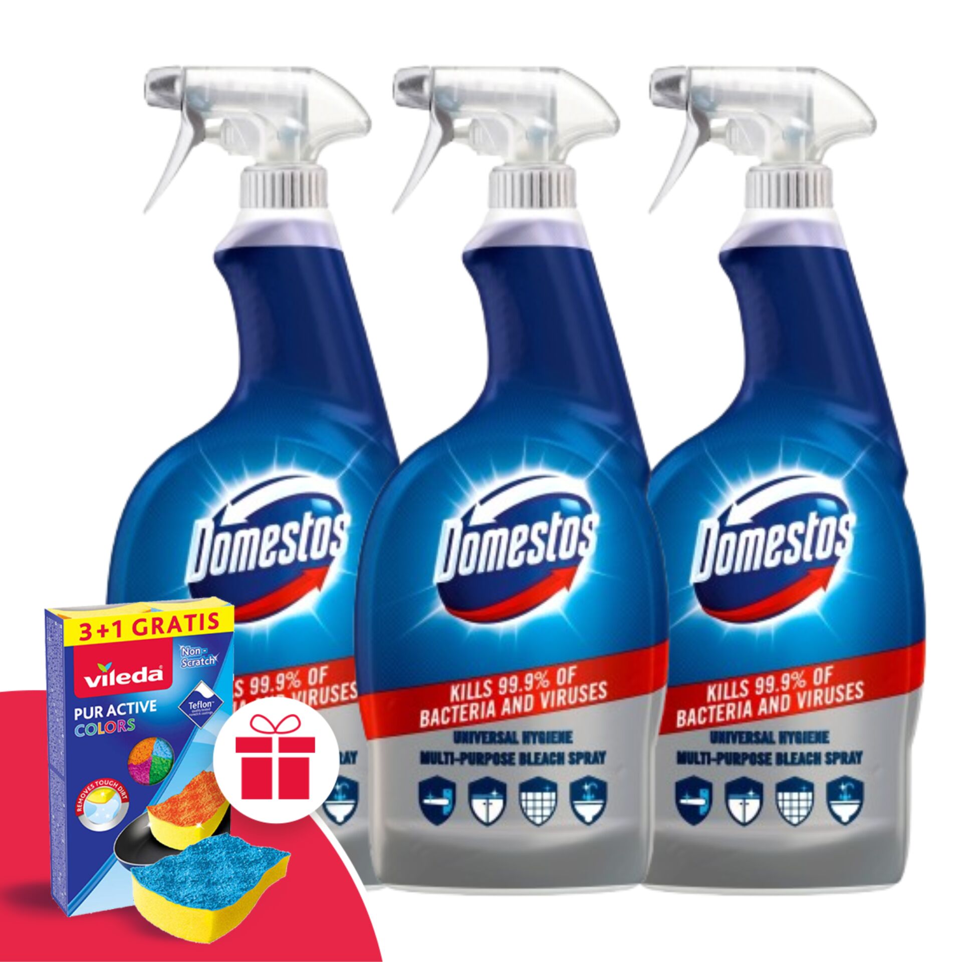 E-shop Domestos Univerzálny hygienický sprej 3x750ml + darčeková hubka Vileda
