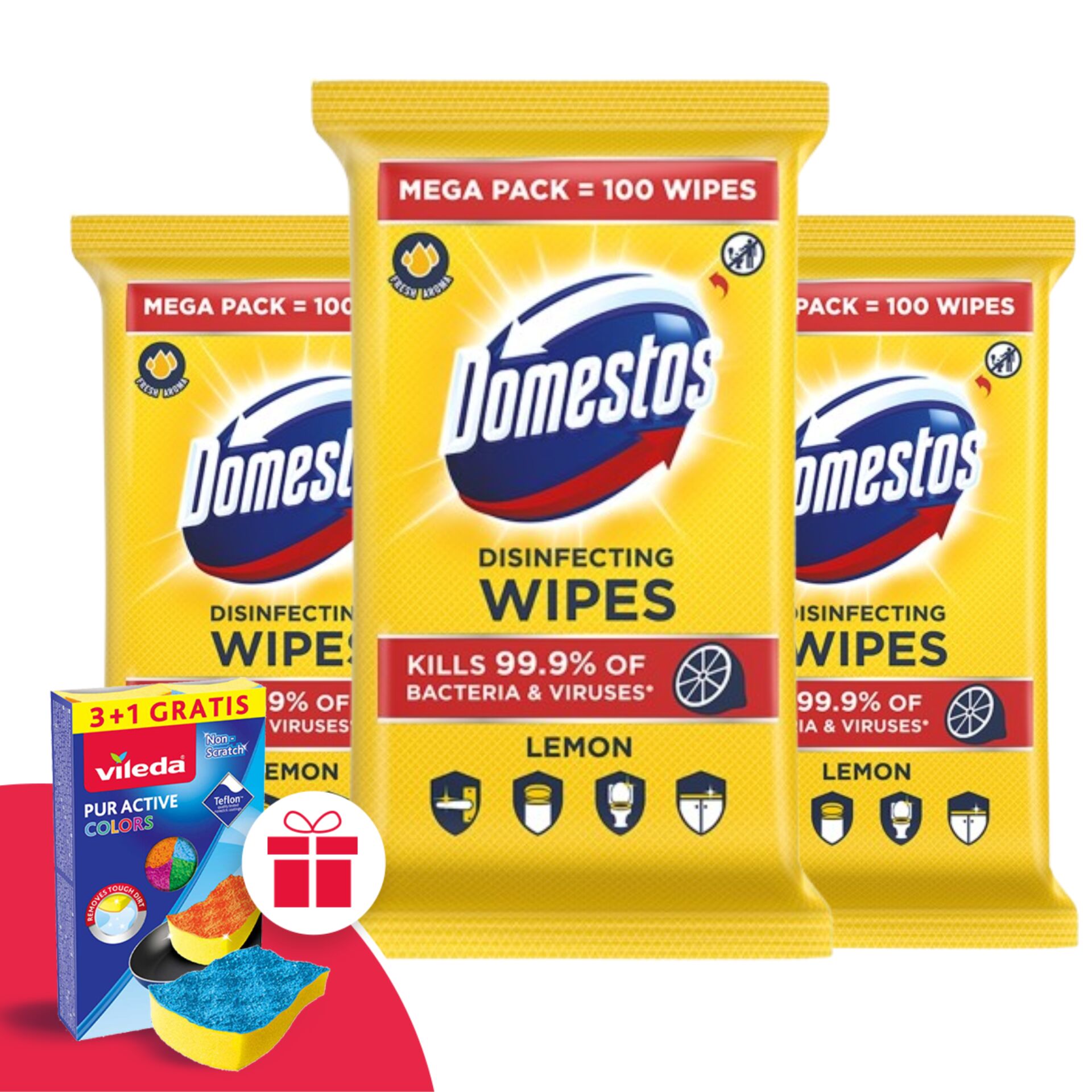 E-shop Domestos Hygienické obrúsky Citrón 3x100ks + darčeková hubka Vileda