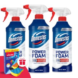 Domestos Power Foam Arctic Fresh 3-balenie s hubkou Vileda. Čistiaci prostriedok na kúpeľne a toalety. - Čistiace prostriedky
