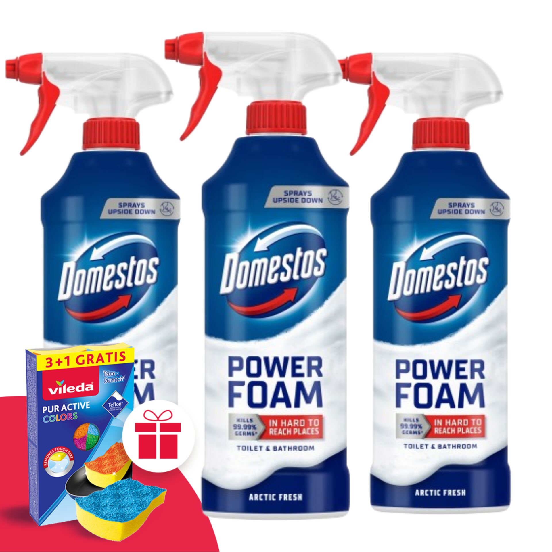 E-shop Domestos Power Foam Spray Arctic Fresh 3x435ml + darčeková hubka Vileda