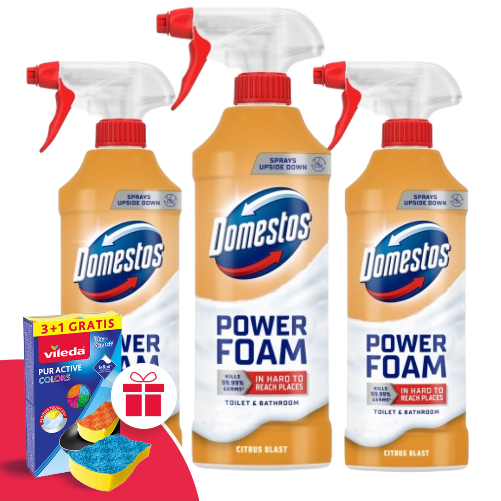 E-shop Domestos Power Foam Spray Citrus Blast 3x435ml + darčeková hubka Vileda