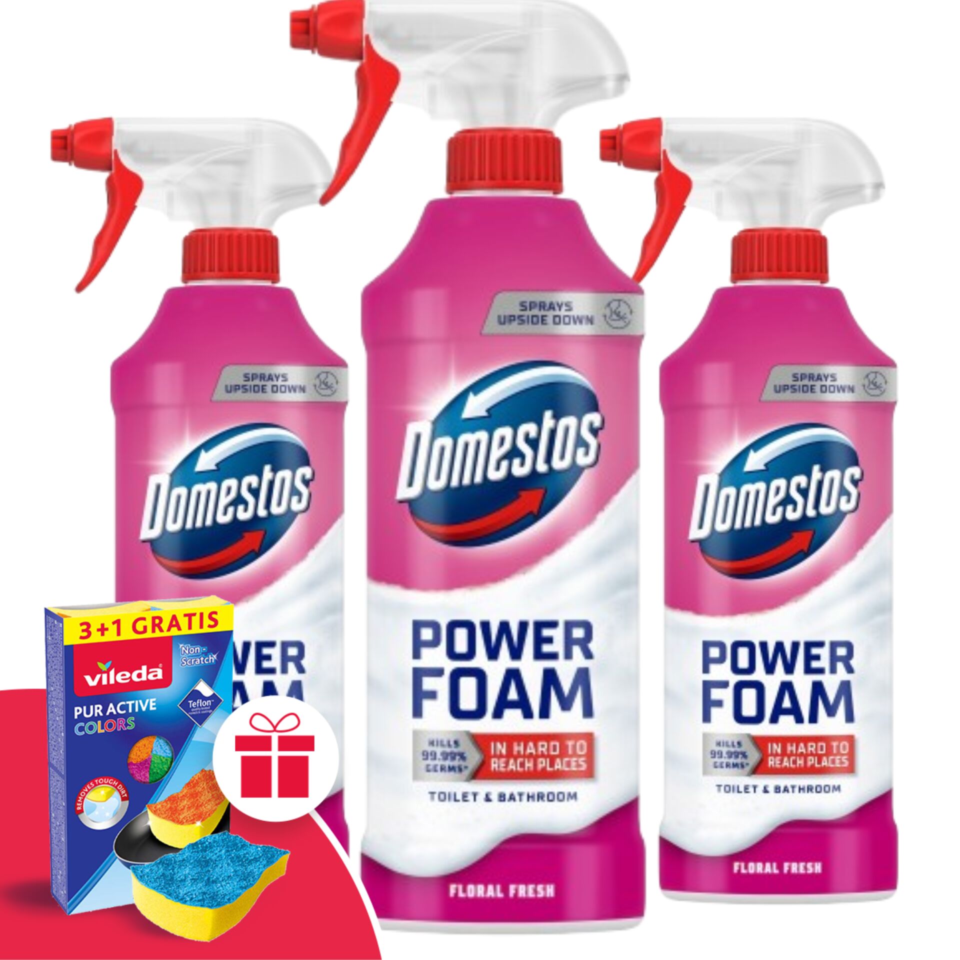 E-shop Domestos Power Foam Spray Floral Fresh 3x435ml + darčeková hubka Vileda