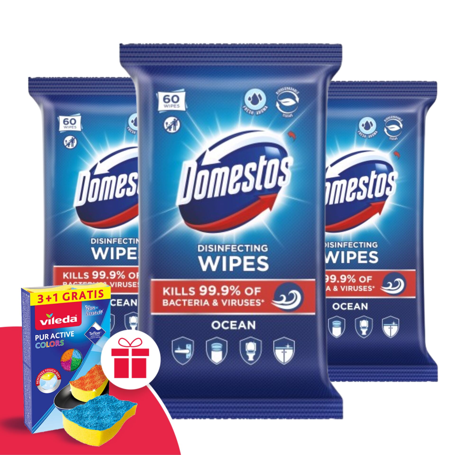 E-shop Domestos Hygienické obrúsky Ocean 3x60ks + darčeková hubka Vileda