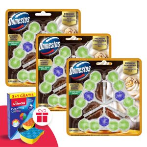 Domestos Aroma Lux WC frissítő blokk White Rose Dream koncentrált illóolajokkal (9x50g) + Ajándék Vileda Szivacs