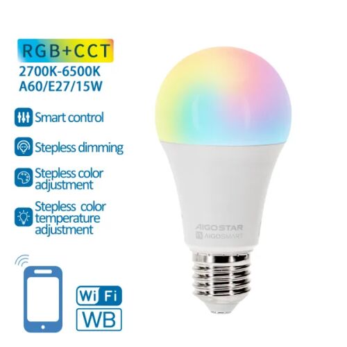 AigoStar WiFi WB A60 E27 15W RGB+CCT intelligens LED izzó, fokozatmentes fényerő, szín és hőmérséklet beállítással - Okoslámpa
